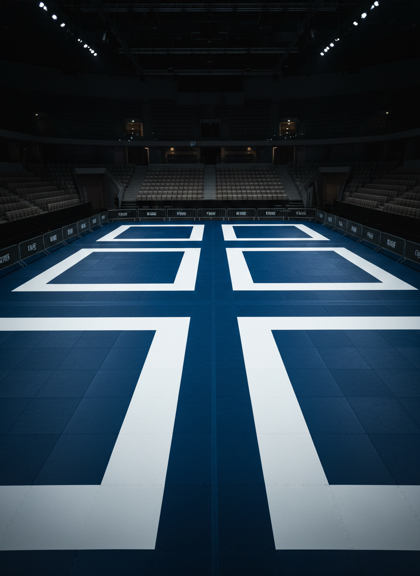 A pristine, competition-grade Brazilian Jiu-Jitsu mat area laid out in bold navy and white, seen inside a modern Zurich sports arena. Four square mat zones with crisp contrasting borders dominate the foreground, their textured vinyl surface catching subtle reflections. Sleek black barricades and neutral-toned seating rise in the softly blurred background, hinting at a large venue without showing any people. Cool, focused overhead arena lighting creates sharp, dramatic highlights along the mat seams and darker shadows at the edges, emphasizing geometry. Shot from a slightly elevated, wide-angle perspective with photographic realism, the composition feels bold and high-stakes, perfect as a universal hero image for a “Best of the Best” BJJ world challenge event.
