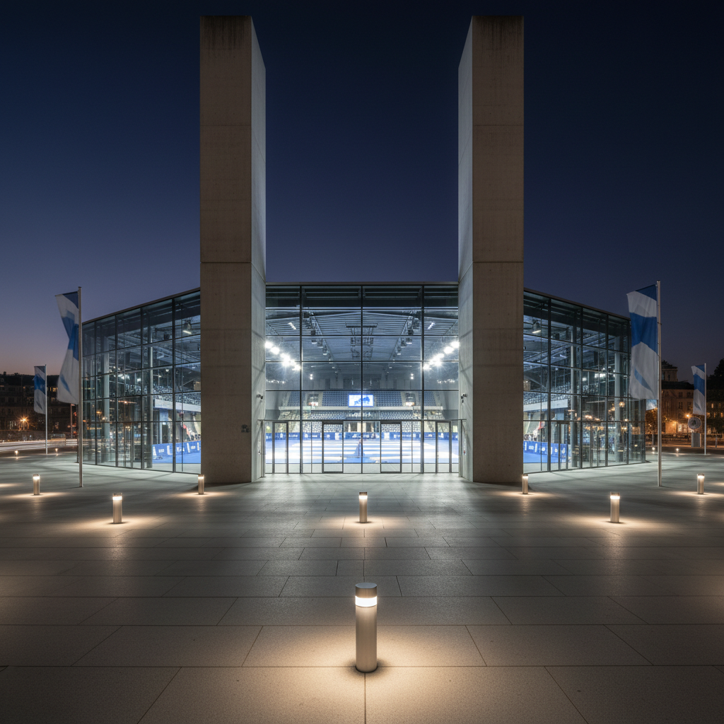 A night-time exterior photographic realism shot of a modern Zurich sports venue hosting a major BJJ event. The building features expansive glass facades and clean concrete lines, its entrance framed by tall, minimalist pillars. Inside the glass, a large competition mat area in deep blue and white is visible, brightly illuminated by intense arena lights that spill onto the plaza. Outside, directional bollard lights cast long, dynamic shadows across the smooth stone pavement, where abstract banner shapes hint at the tournament without readable text or human silhouettes. The sky is dark indigo with a faint city glow. Shot from a low, wide-angle perspective, the composition feels bold, grand, and inviting, perfect for pages about venue, travel, and accommodation.