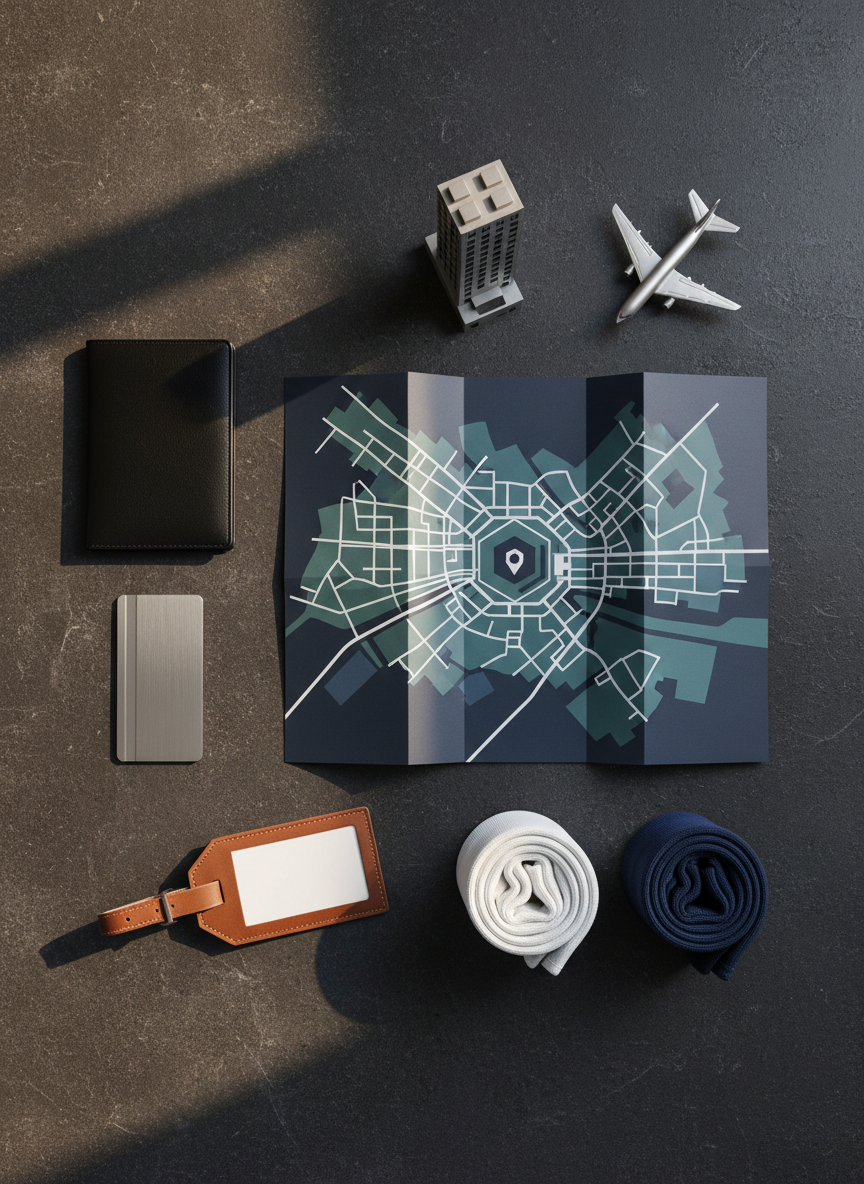 A meticulously arranged travel planning flat lay for visitors to a Zurich BJJ tournament, captured in crisp photographic realism. On a dark, textured tabletop lies an unfolded, stylized city map with the tournament venue marked by an abstract mat-shaped icon. Nearby sit a sleek black passport cover, a minimalist silver keycard, a compact travel-size duffel tag, and a pair of neatly rolled white and navy compression sleeves. A small, modern hotel building figurine and a tiny airplane model complete the scene. Soft, warm side lighting from the left creates gentle, directional shadows and subtle highlights on metallic surfaces. The mood is organized and aspirational, blending sport and travel. Shot from a top-down perspective with balanced composition, ideal for conveying travel, directions, and accommodation information without any people or text.