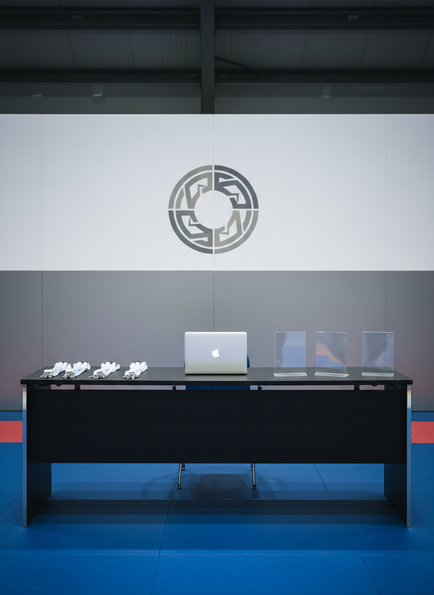 A sleek, modern registration and information desk setup for a high-level BJJ tournament in Zurich, captured in photographic realism. A long, matte-black table stands on the edge of a dark blue mat, holding neatly stacked blank lanyards, minimalist acrylic sign holders with no visible text, and a closed silver laptop. Behind, a large, clean backdrop in white and steel gray features an abstract circular emblem instead of words or logos. Cool, even arena lighting bathes the scene, creating faint reflections on the laptop and acrylic surfaces. The mood is organized and professional, with a bold, efficient atmosphere. Shot at eye level with a balanced, symmetrical composition and sharp focus throughout, ideal to represent event info, registration, schedules, and rules pages without showing people.