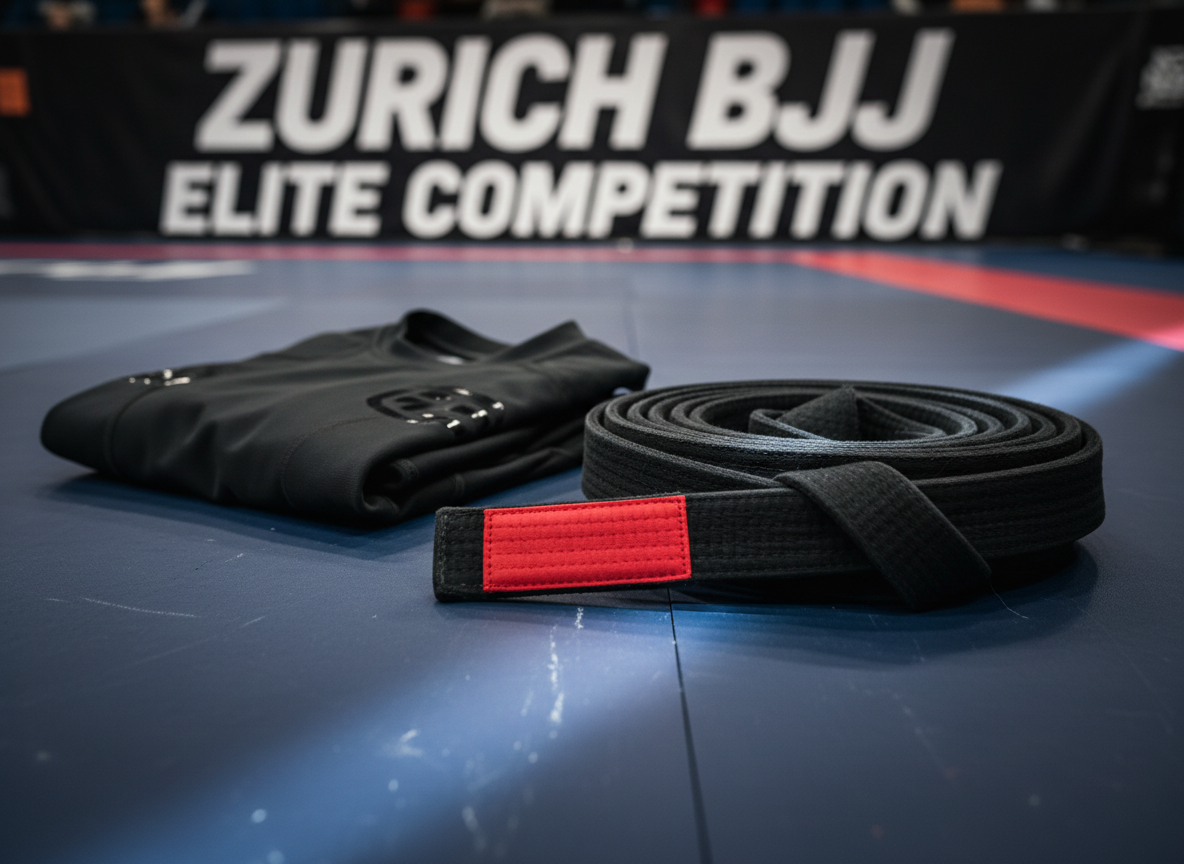 A close-up, photographic realism shot of a premium BJJ belt and competition rash guard arranged on the edge of a navy tournament mat. The belt, tightly coiled, shows deep black fabric with a textured weave and a crisp red rank bar, its fibers sharply in focus. Beside it lies a fitted, dark charcoal rash guard with subtle glossy logo accents, carefully folded. The surrounding mat surface displays faint scuff marks, suggesting intense matches. Overhead spot lighting from the right casts a dramatic diagonal highlight across the belt and soft shadows behind, creating a bold, focused mood. Captured at a low angle with shallow depth of field, the background fades into gentle blur, evoking anticipation for elite Zurich BJJ competition.