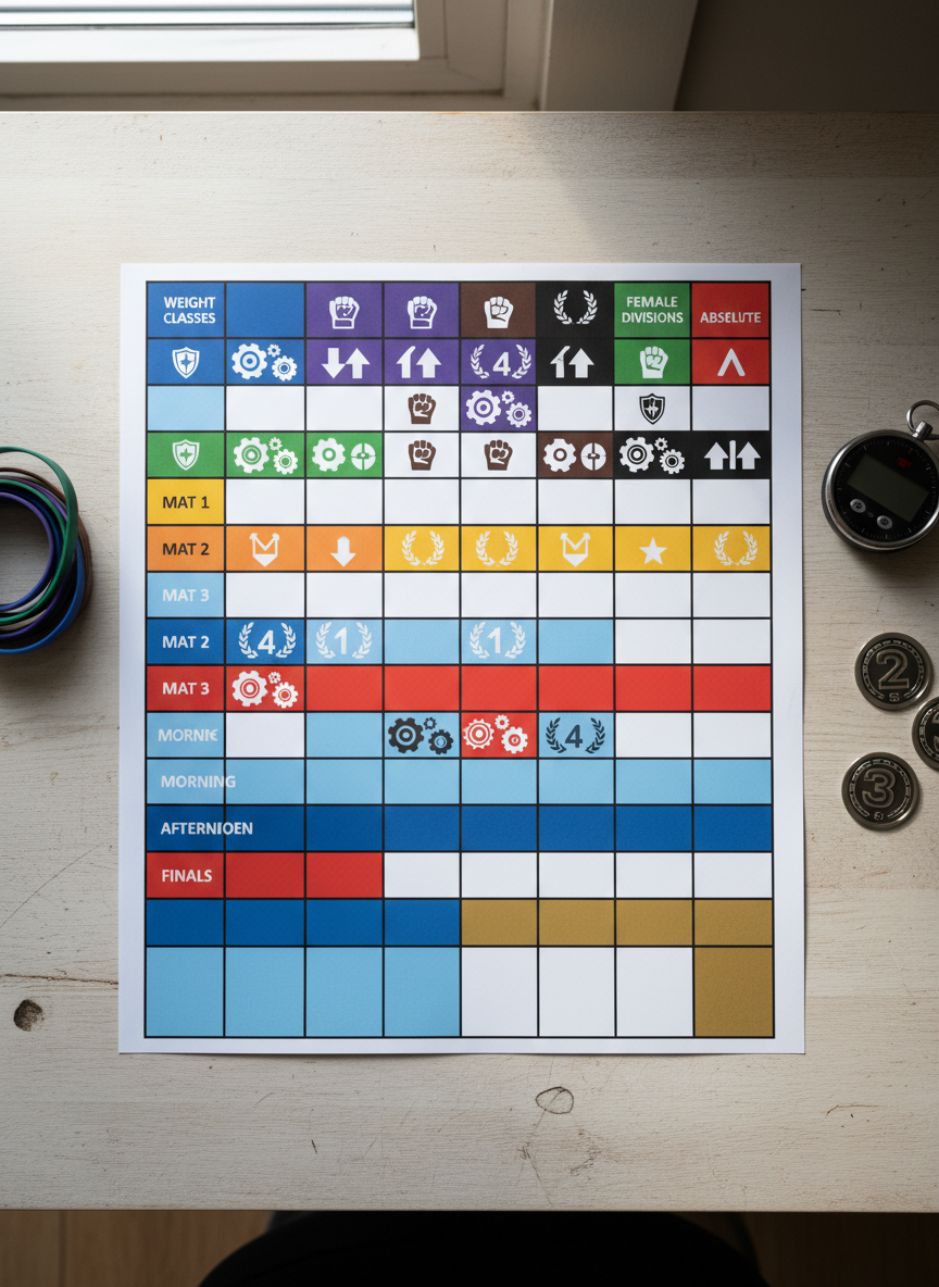 A detailed overhead photographic view of a printed tournament planning board for a BJJ world challenge, laid out on a light wooden table. The board is divided into clearly separated colored blocks symbolizing weight classes and mat schedules, each block filled with abstract shapes and icons instead of text. Around it lie color-coded wristbands, a sleek black stopwatch, and a set of metallic mat number tags. Soft, diffused daylight from a nearby window illuminates the scene, creating gentle shadows from the board’s edges and accessories. The atmosphere is strategic and energetic, emphasizing structure and precision. Captured from a true bird’s-eye angle with sharp focus on every object, the composition feels bold yet organized, ideal for illustrating brackets, divisions, rules, and live results without depicting any people.
